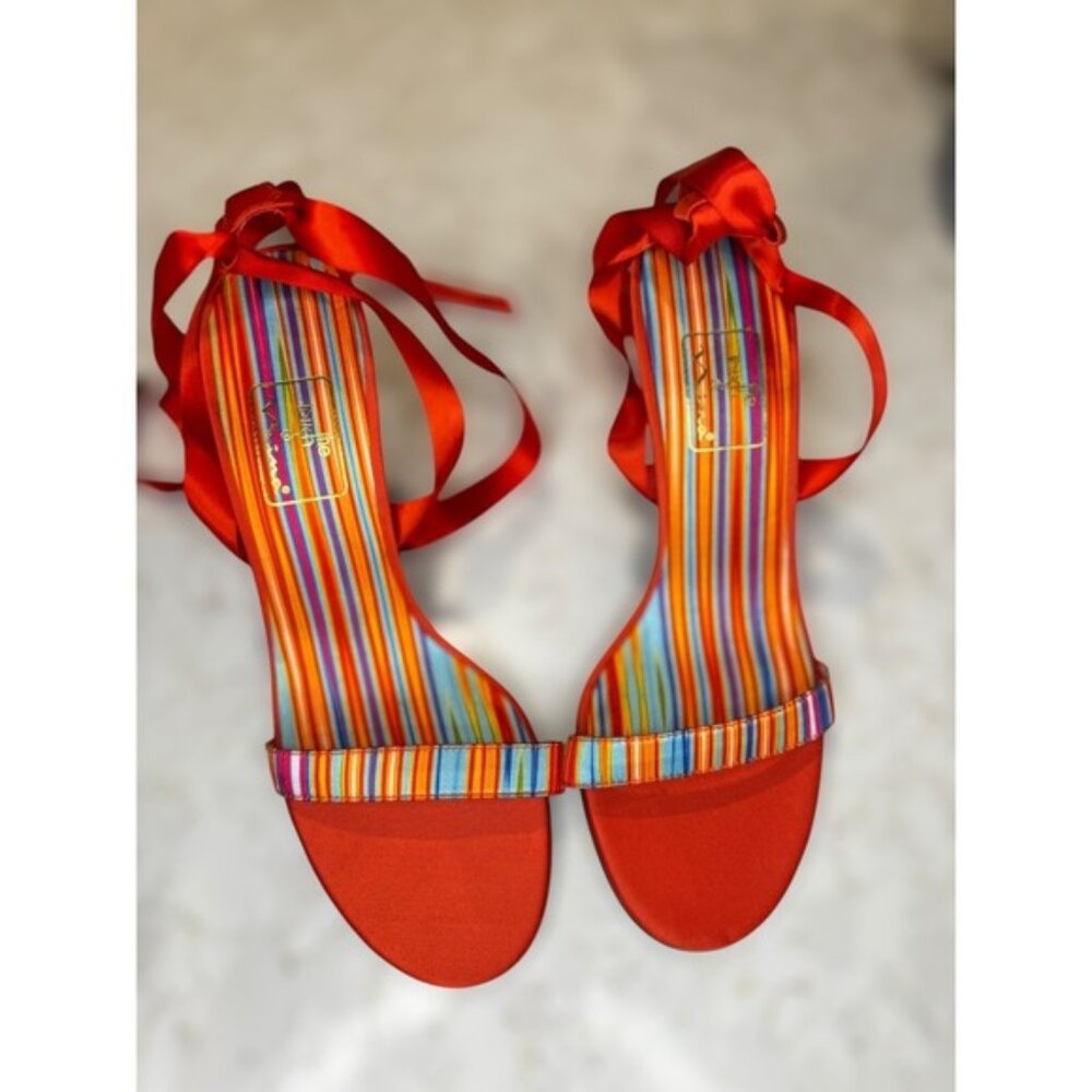 Touch‎ of Nina Striped Party Ribbon Ankle Tie Stiletto Heels Sandals Women's 7.5